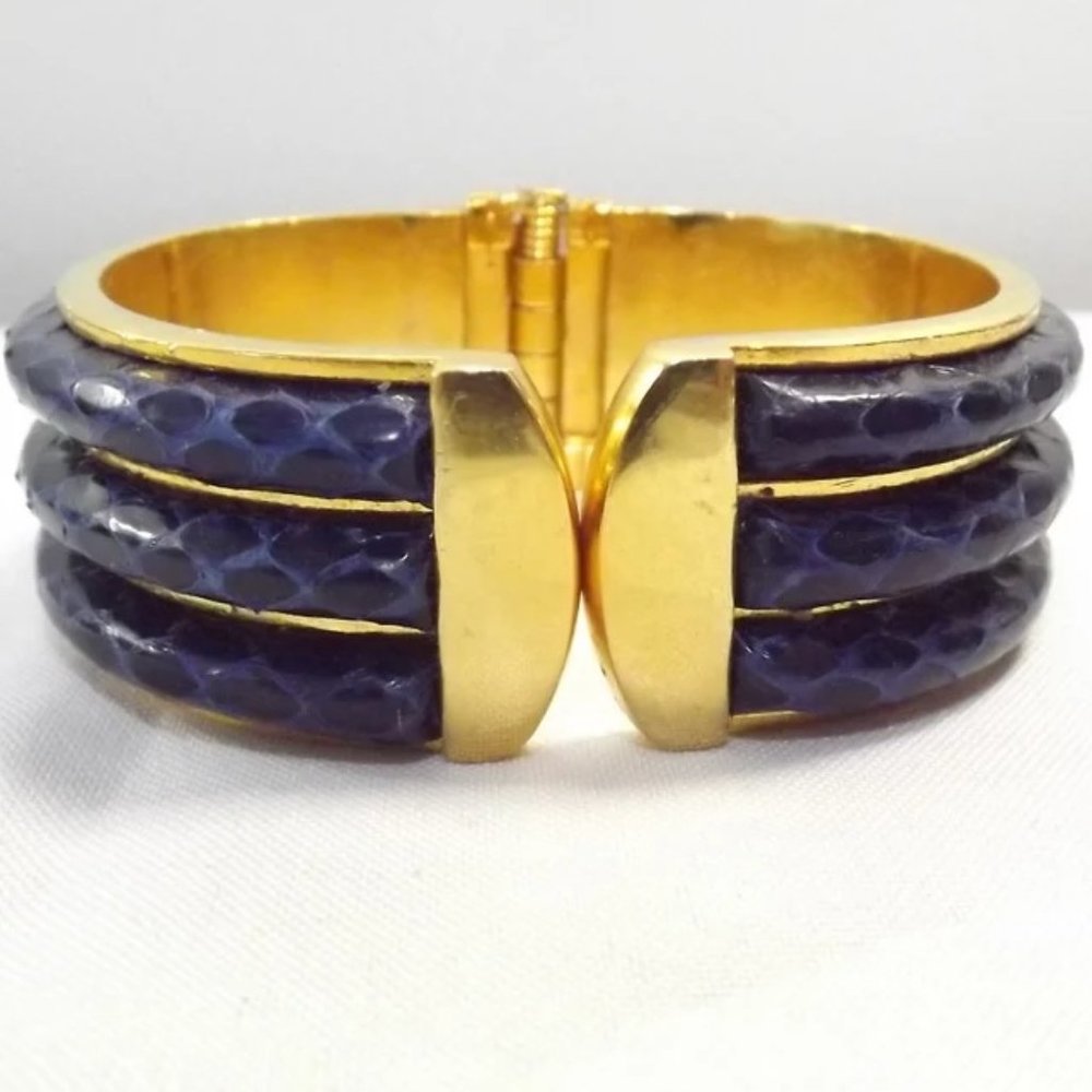 Vintage Faux Reptile Skin, Wide Cuff, Hinged Brass Bracelet